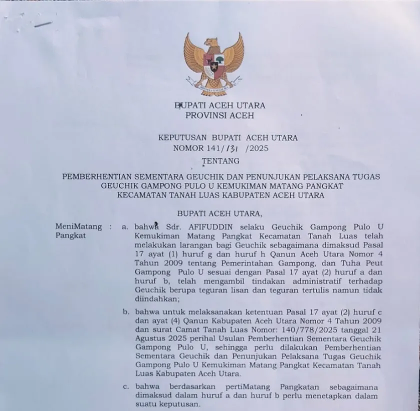 Foto: Surat Pemberhentian Geuchik Pulo U, Dok. Istimewa